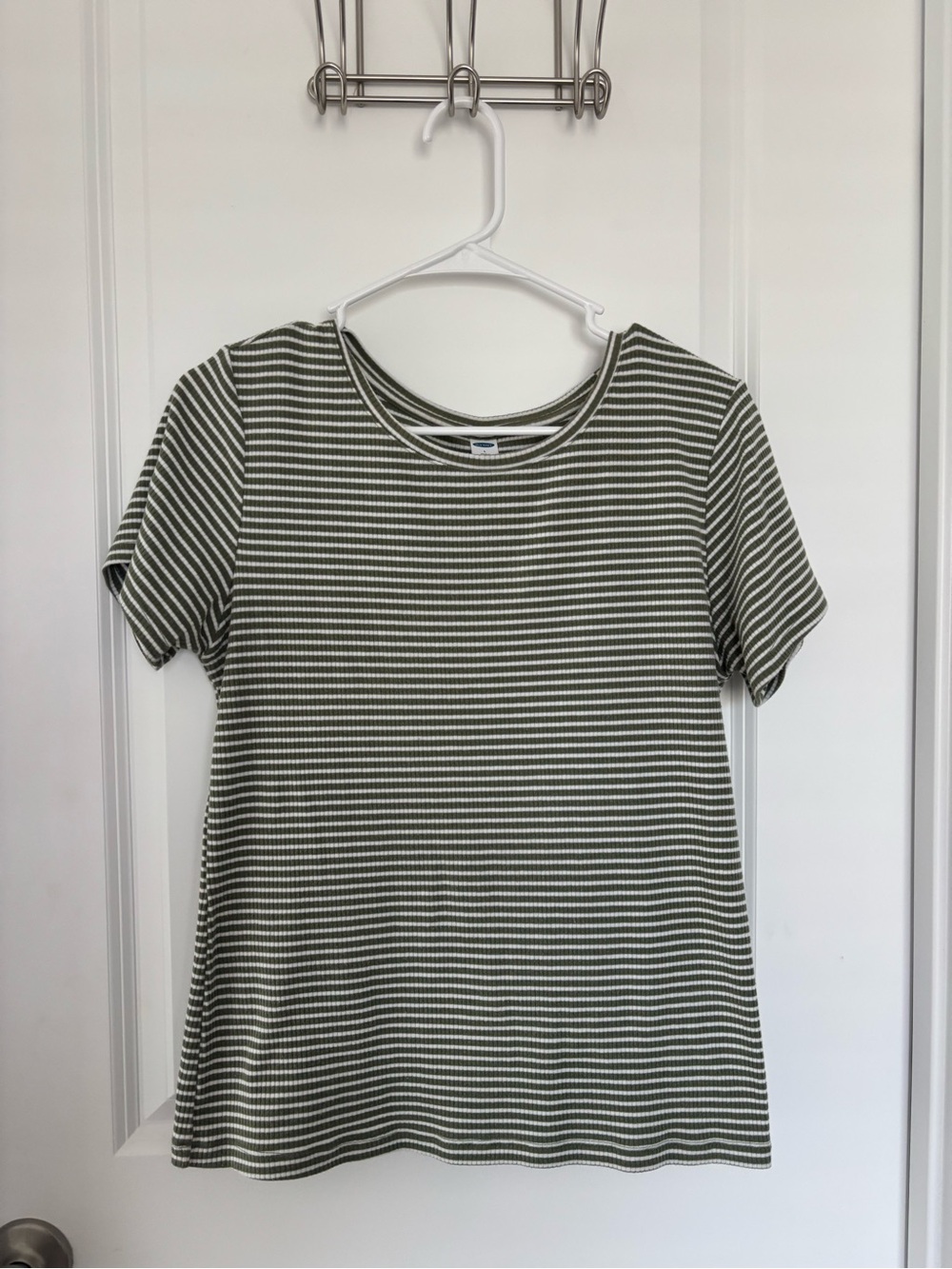 Old Navy Olive Green and White Striped Short Sleeve Tee